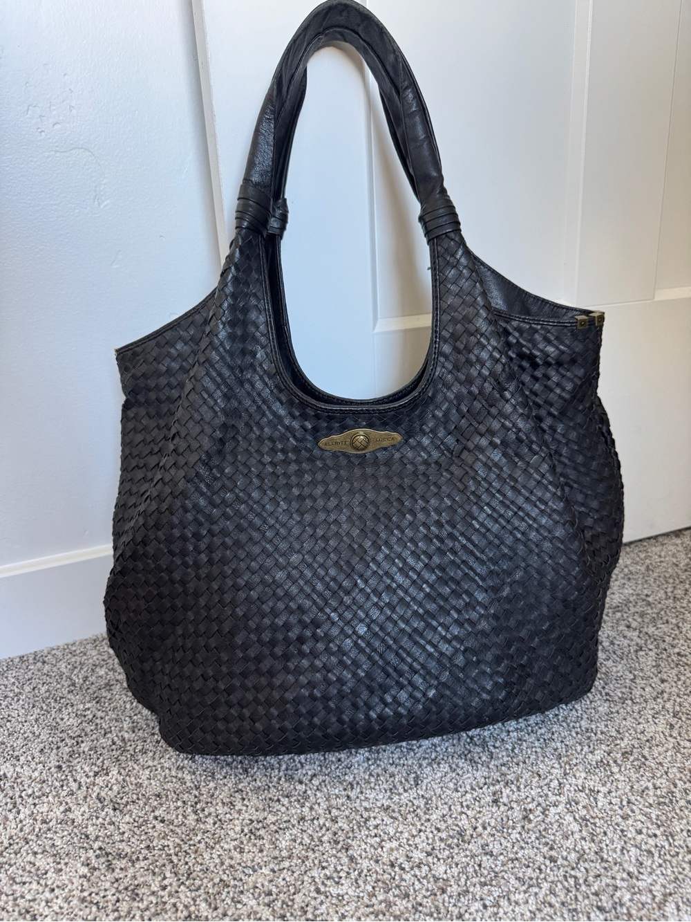 Elliott Lucca Black Woven Leather Hobo Tote Bag Large Shoulder Bag